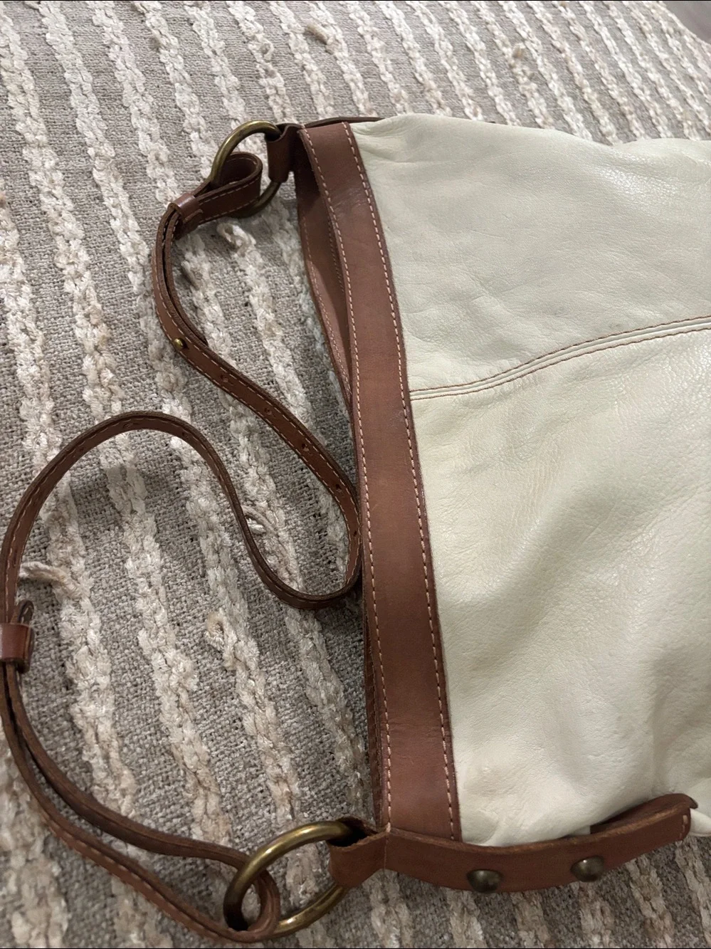 Lucky Brand Leather Crossbody Large Fold over Bag in Cream with Brown Trim -